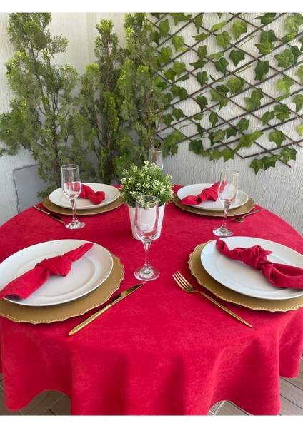Kadife Dokulu Dertsiz Kırmızı Yuvarlak Masa Örtüsü (Peçete Dahil Değil ) modelleri
