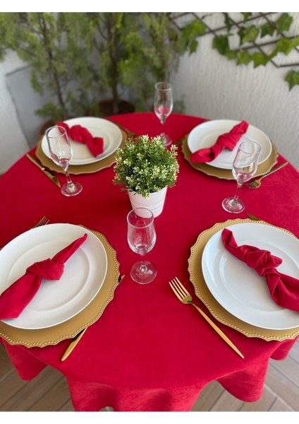 Kadife Dokulu Dertsiz Kırmızı Yuvarlak Masa Örtüsü (Peçete Dahil Değil )