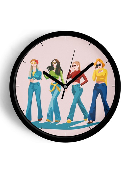 Havalı Kadınlar Tasarımı Modern Duvar Saati - 25CM - Önü Camlı Siyah Kasa - Sessiz Mekanizma