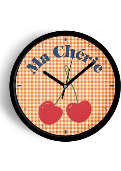 Kiraz Tasarım Modern Duvar Saati - 25CM - Önü Camlı Siyah Kasa - Sessiz Mekanizma