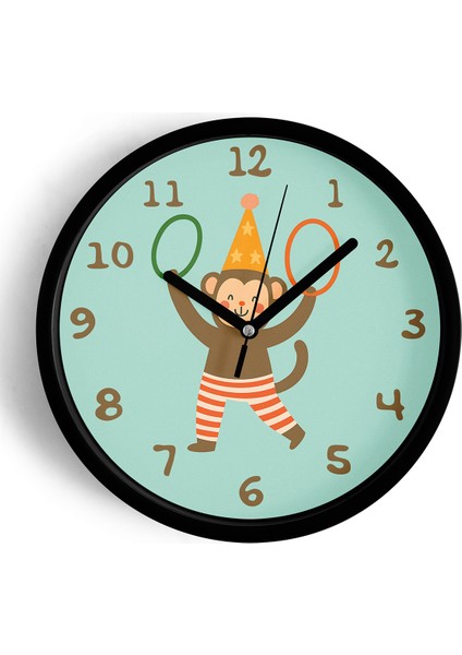 Şov Yapan Sevimli Maymun Çocuk Odası Duvar Saati - 42CM - Önü Camlı Siyah Kasa - Sessiz Mekanizma