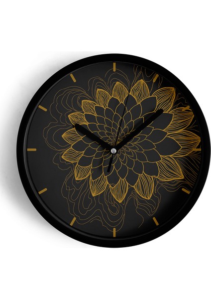 Mandala Tarzı Çiçek Çizimi Modern Duvar Saati - 25CM - Önü Camlı Siyah Kasa - Sessiz Mekanizma