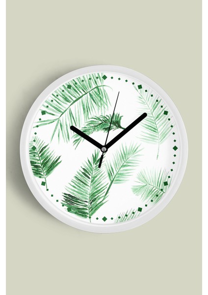 Tropikal Yaprak Desenli Modern Duvar Saati - 25CM - Önü Camlı Beyaz Kasa - Sessiz Mekanizma