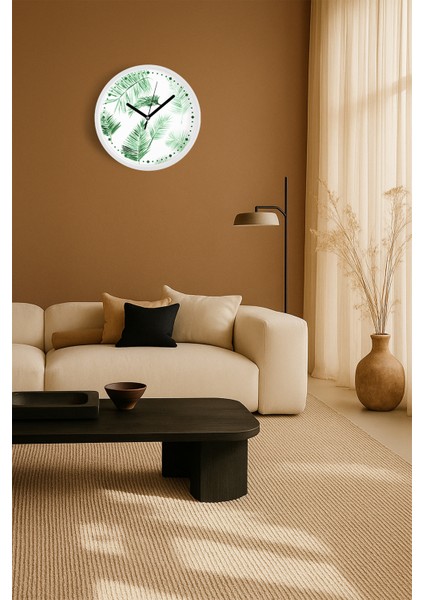 Tropikal Yaprak Desenli Modern Duvar Saati - 25CM - Önü Camlı Beyaz Kasa - Sessiz Mekanizma fiyatları