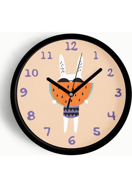 Karpuz Yiyen Sevimli Tavşan Çocuk Odası Duvar Saati - 42CM - Önü Camlı Siyah Kasa - Sessiz Mekanizma