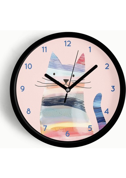 Renkli Kedi Tasarım Modern Duvar Saati - Çocuk Odası Duvar Saati - 25CM - Önü Camlı Siyah Kasa