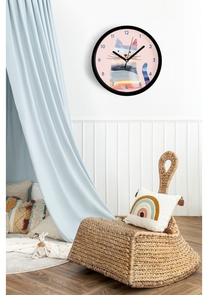 Renkli Kedi Tasarım Modern Duvar Saati - Çocuk Odası Duvar Saati - 25CM - Önü Camlı Siyah Kasa fiyatları