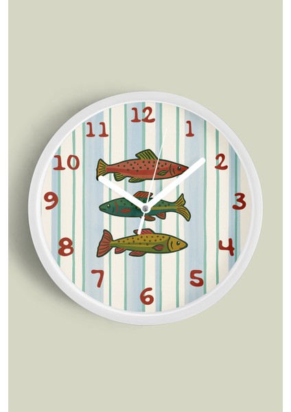 Renkli Balıklar Çocuk Odası Duvar Saati - 25CM - Önü Camlı Beyaz Kasa - Sessiz Mekanizma