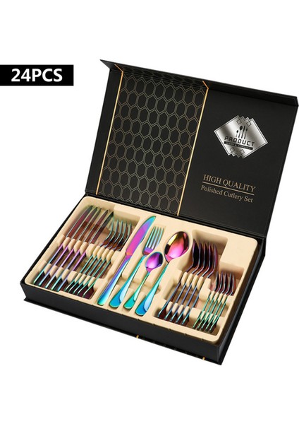 Premium 304 Paslanmaz Çelik 24 Parça Çatal Kaşık Bıçak Takımı – 6 Kişilik Sofra Seti Gökkuşağı Rengi