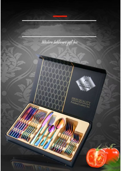 Premium 304 Paslanmaz Çelik 24 Parça Çatal Kaşık Bıçak Takımı – 6 Kişilik Sofra Seti Gökkuşağı Rengi modelleri