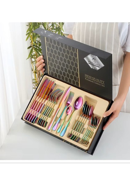 Premium 304 Paslanmaz Çelik 24 Parça Çatal Kaşık Bıçak Takımı – 6 Kişilik Sofra Seti Gökkuşağı Rengi