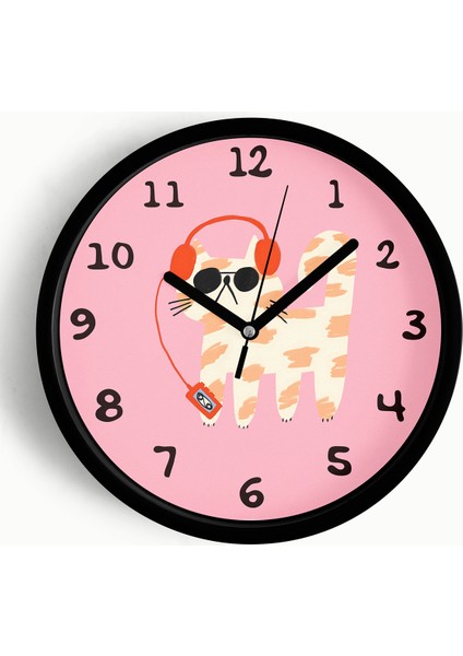 Müzik Dinleyen Kedi Tasarım Modern Duvar Saati - Çocuk Odası Duvar Saati - 42CM - Önü Camlı