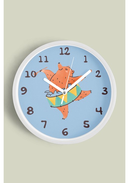 Davul Çalan Sevimli Ayı Çocuk Odası Duvar Saati - 25CM - Önü Camlı Beyaz Kasa - Sessiz Mekanizma