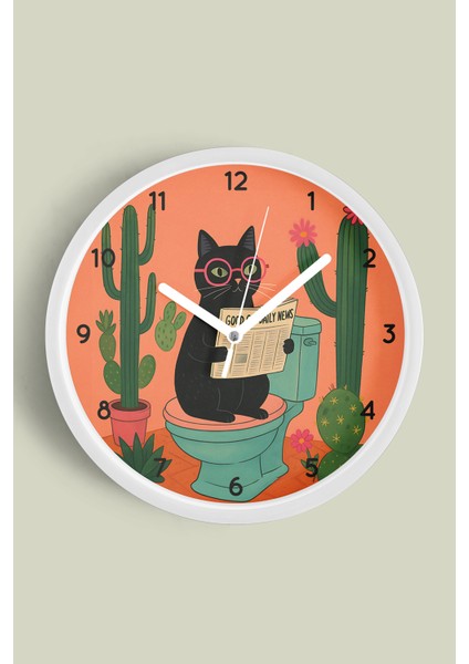Soyut Kedi Modern Tasarım Duvar Saati - 25CM - Önü Camlı Beyaz Kasa - Sessiz Mekanizma