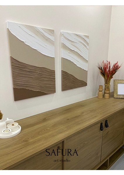 Dokulu Tablo – El Yapımı 3 Boyutlu Alçı Minimalist Doku, Modern Iskandinav Kabartmalı (Kumaş Dalga Kahverengi)