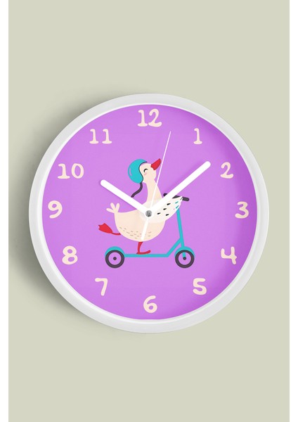 Scooter Yapan Sevimli Kaz / Ördek Çocuk Odası Duvar Saati - 25CM - Önü Camlı Beyaz Kasa