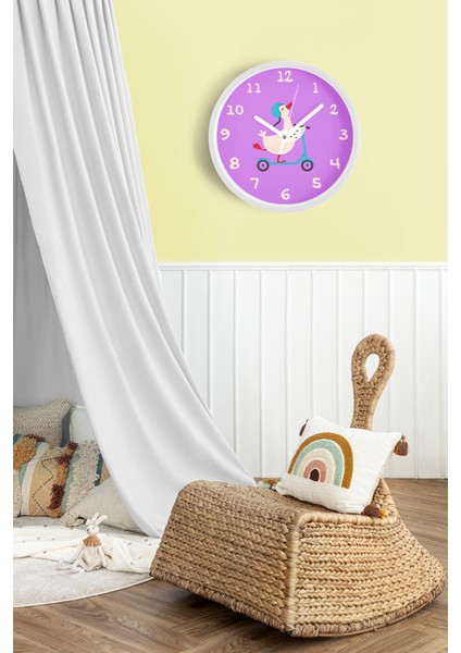 Scooter Yapan Sevimli Kaz / Ördek Çocuk Odası Duvar Saati - 25CM - Önü Camlı Beyaz Kasa fiyatları