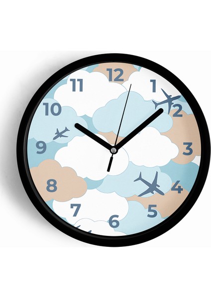 Uçak Tasarımlı Çocuk Odası Duvar Saati - 25CM - Önü Camlı Siyah Kasa - Sessiz Mekanizma
