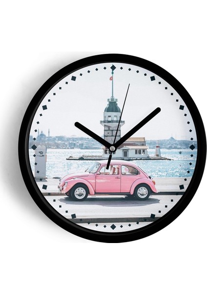 Kız Kulesi ve Pembe Vosvos Modern Duvar Saati - 25CM - Önü Camlı Siyah Kasa - Sessiz Mekanizma