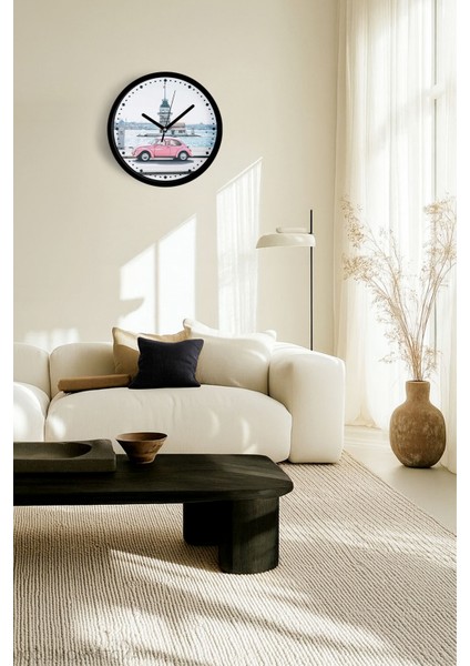 Kız Kulesi ve Pembe Vosvos Modern Duvar Saati - 25CM - Önü Camlı Siyah Kasa - Sessiz Mekanizma fiyatları