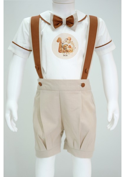 Balonlu Ayıcık Baskılı Şort Salopet Takım