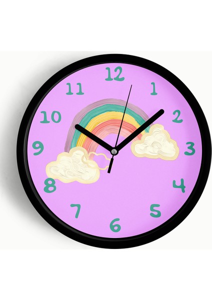 Gökkuşağı Tasarımı Çocuk Odası Duvar Saati - 42CM - Önü Camlı Siyah Kasa - Sessiz Mekanizma