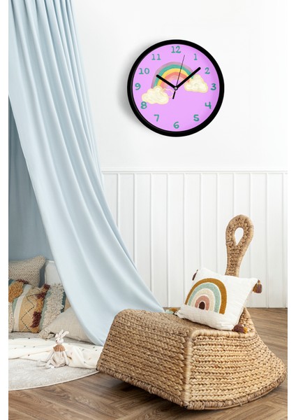 Gökkuşağı Tasarımı Çocuk Odası Duvar Saati - 42CM - Önü Camlı Siyah Kasa - Sessiz Mekanizma fiyatları