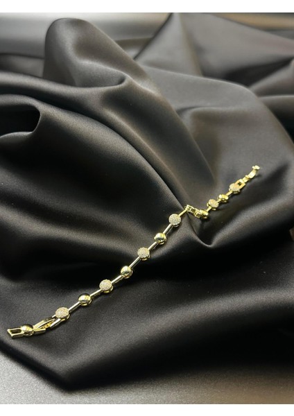 Kadın Zirkon Taşlı Yuvarlak Tasarım Kuyumcu Işçiliği 14K Gold Renkli Bileklik Bilezik