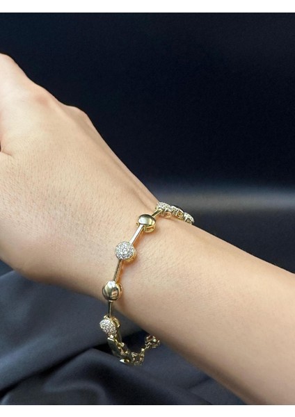 Kadın Zirkon Taşlı Yuvarlak Tasarım Kuyumcu Işçiliği 14K Gold Renkli Bileklik Bilezik fiyatları
