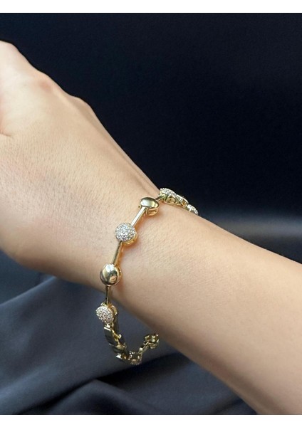 Kadın Zirkon Taşlı Yuvarlak Tasarım Kuyumcu Işçiliği 14K Gold Renkli Bileklik Bilezik modelleri