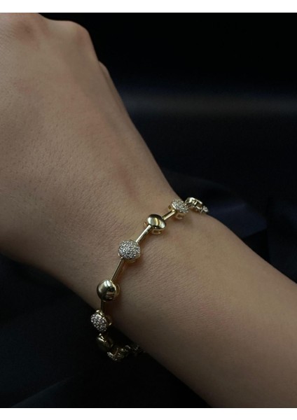 Kadın Zirkon Taşlı Yuvarlak Tasarım Kuyumcu Işçiliği 14K Gold Renkli Bileklik Bilezik fırsatları