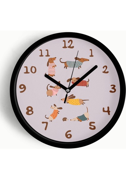 Sevimli Köpekler Modern Duvar Saati - Çocuk Odası Duvar Saati - 25CM - Önü Camlı Siyah Kasa