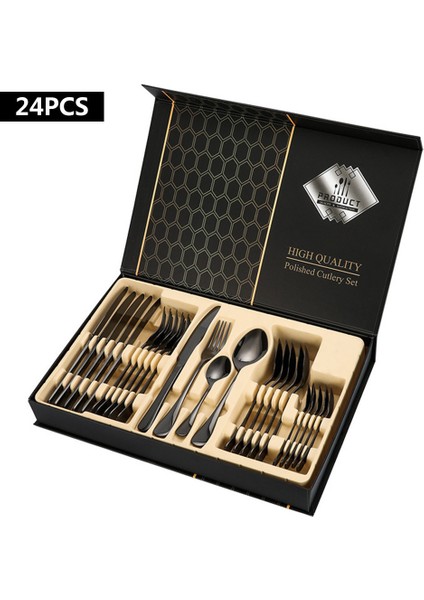 Premium 304 Paslanmaz Çelik 24 Parça Çatal Kaşık Bıçak Takımı – 6 Kişilik Sofra Seti Siyah Renk