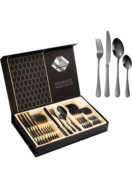 Premium 304 Paslanmaz Çelik 24 Parça Çatal Kaşık Bıçak Takımı – 6 Kişilik Sofra Seti Siyah Renk fiyatları