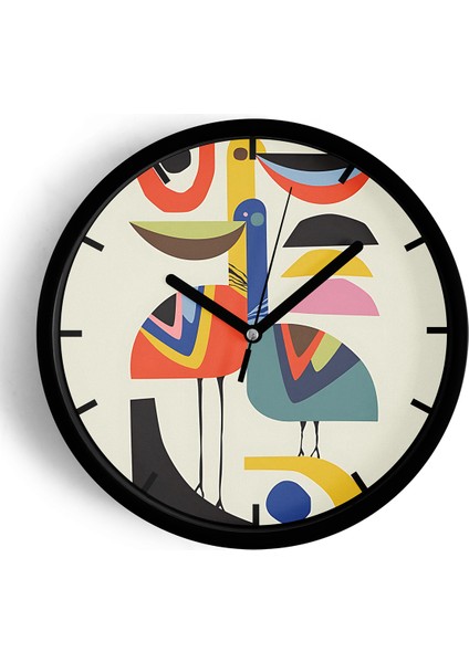 Sevimli Kuş Temalı Modern Duvar Saati - 42CM - Önü Camlı Siyah Kasa - Sessiz Mekanizma