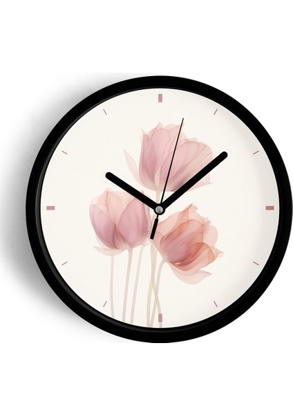 Gül Çiçek Tasarım Modern Duvar Saati - 25CM - Önü Camlı Siyah Kasa - Sessiz Mekanizma