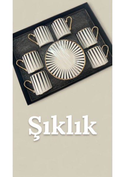 6’lı Gold Detaylı Siyah Çizgili Modern Kahve Fincan Takımı | Şık Porselen Türk Kahvesi Seti