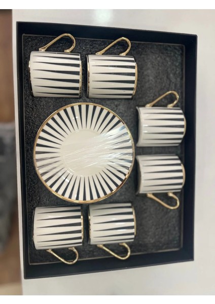 6’lı Gold Detaylı Siyah Çizgili Modern Kahve Fincan Takımı | Şık Porselen Türk Kahvesi Seti fiyatları