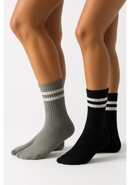 Kadın 2’li Tenis Çorabı Seti – Gri & Siyah Çizgili Spor Çorap – Pamuklu Nefes Alabilir