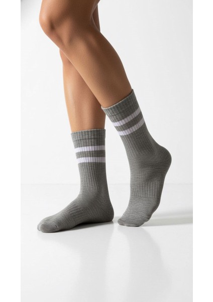 Kadın 2’li Tenis Çorabı Seti – Gri & Siyah Çizgili Spor Çorap – Pamuklu Nefes Alabilir modelleri