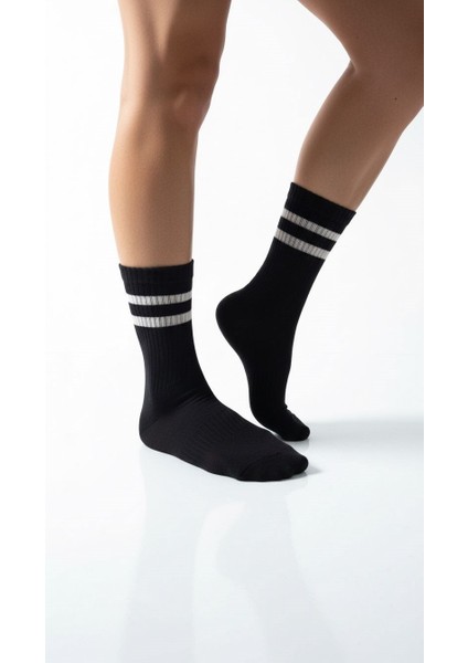 Kadın 2’li Tenis Çorabı Seti – Gri & Siyah Çizgili Spor Çorap – Pamuklu Nefes Alabilir fırsatları