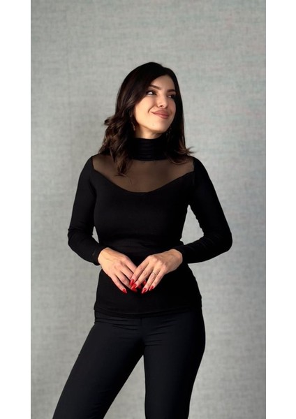 Kadın Uzun Kollu Balıkçı Yaka Önü Tül Detay Kaşkorse Kumaş Bluz modelleri