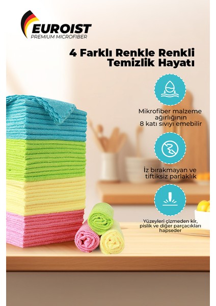 Mikrofiber Temizlik Bezi 30X30 Cm, 180 Gsm Mutfak ve Genel Temizlik Bezi (4 Adet)