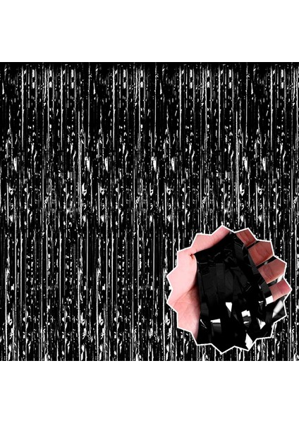 Buğz Siyah Ekstra Metalize Parlak Saçaklı Arka Fon Perde fiyatları