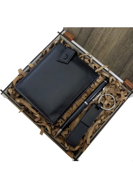 Buğz Ahşap Deri Kutulu Siyah Renk 3'lü Hediye Seti - Kalem, Cüzdan, Anahtar