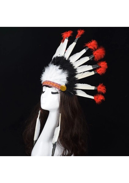 Buğz Kızılderili Başlığı Şapkası Kırmızı Beyaz