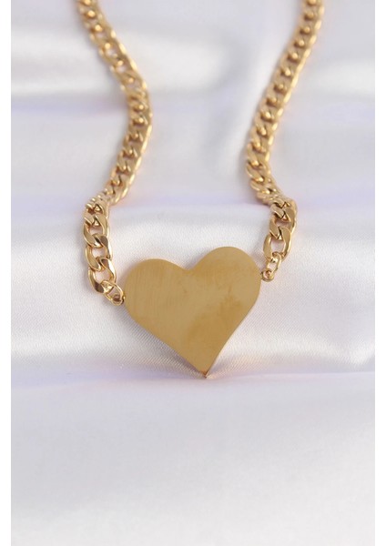 316L Çelik Zincir Altın Renk Düz Plaka Kalp Kolye