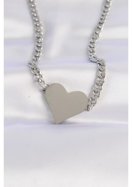 316L Çelik Zincir Gümüş Renk Düz Plaka Kalp Kolye