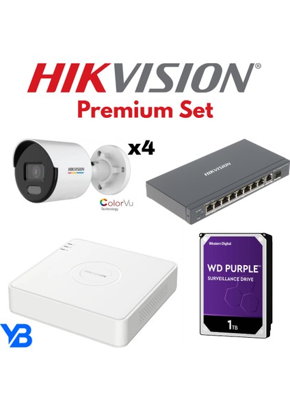 4'lü Premium Hikvision Ip Kamera Seti Gece Renkli Görüntü Colorvu 2mp
