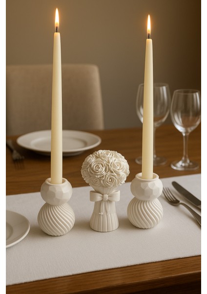 3’lü Şamdan Seti-Dekoratif Gül Buketi ve Şamdan